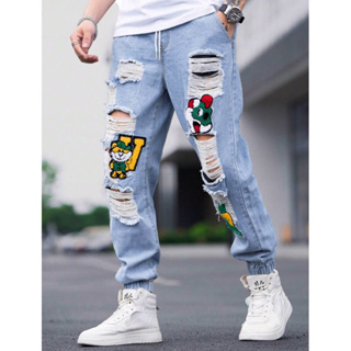Mens Striped Patchwork Black Ripped Jeans Mens Streetwear Hip Hop Style,  Slim Fit, Distressed Frayed Skinny Denim Pants From Newfashionclothes,  $44.32