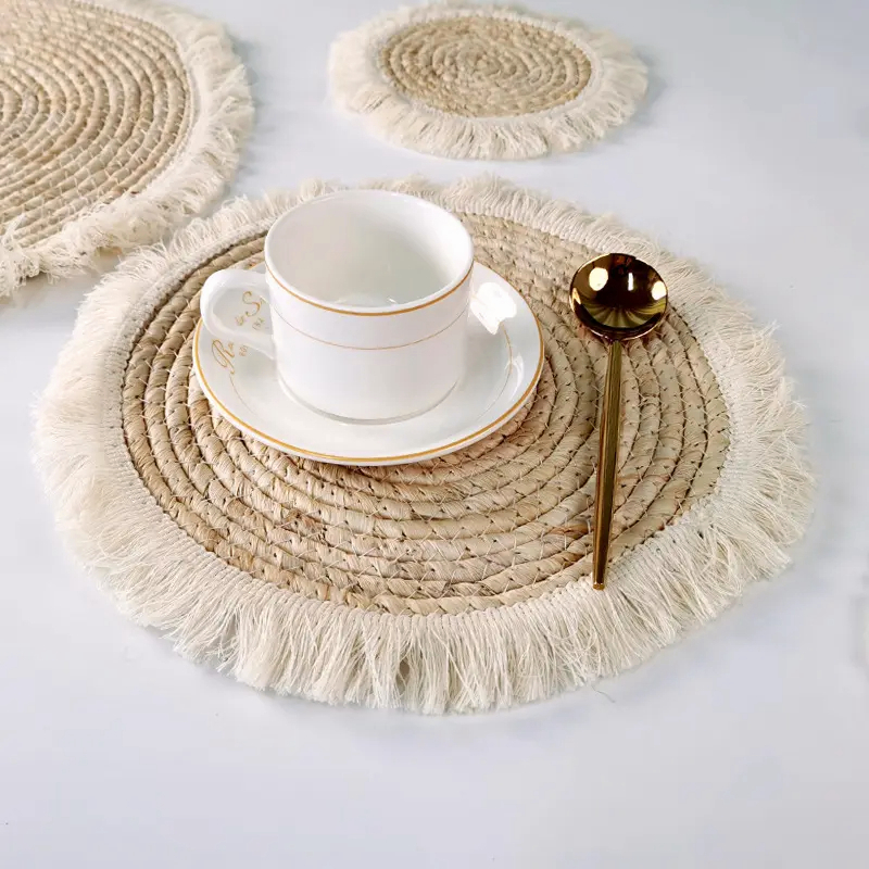 Rattan Weave Coaster Cup Mat Retro Woven Placemat Tassel Heat ...