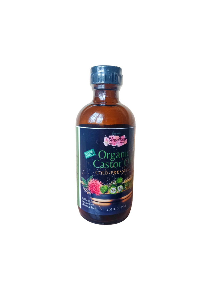 Organic castor oil cold pressed in glass bottle laxative pain relief