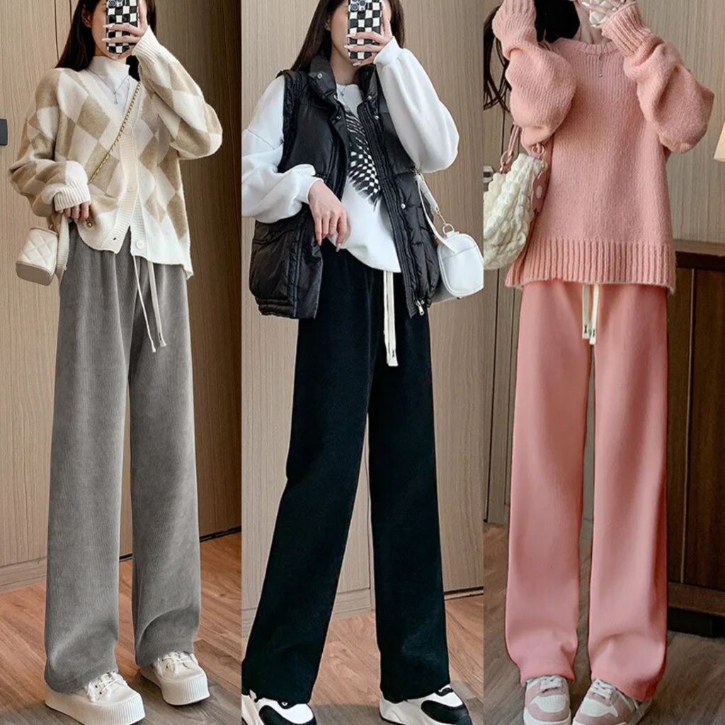 KILY.PH Highwaist Corduroy Pants Drawstring WideLeg Pants No Pockets