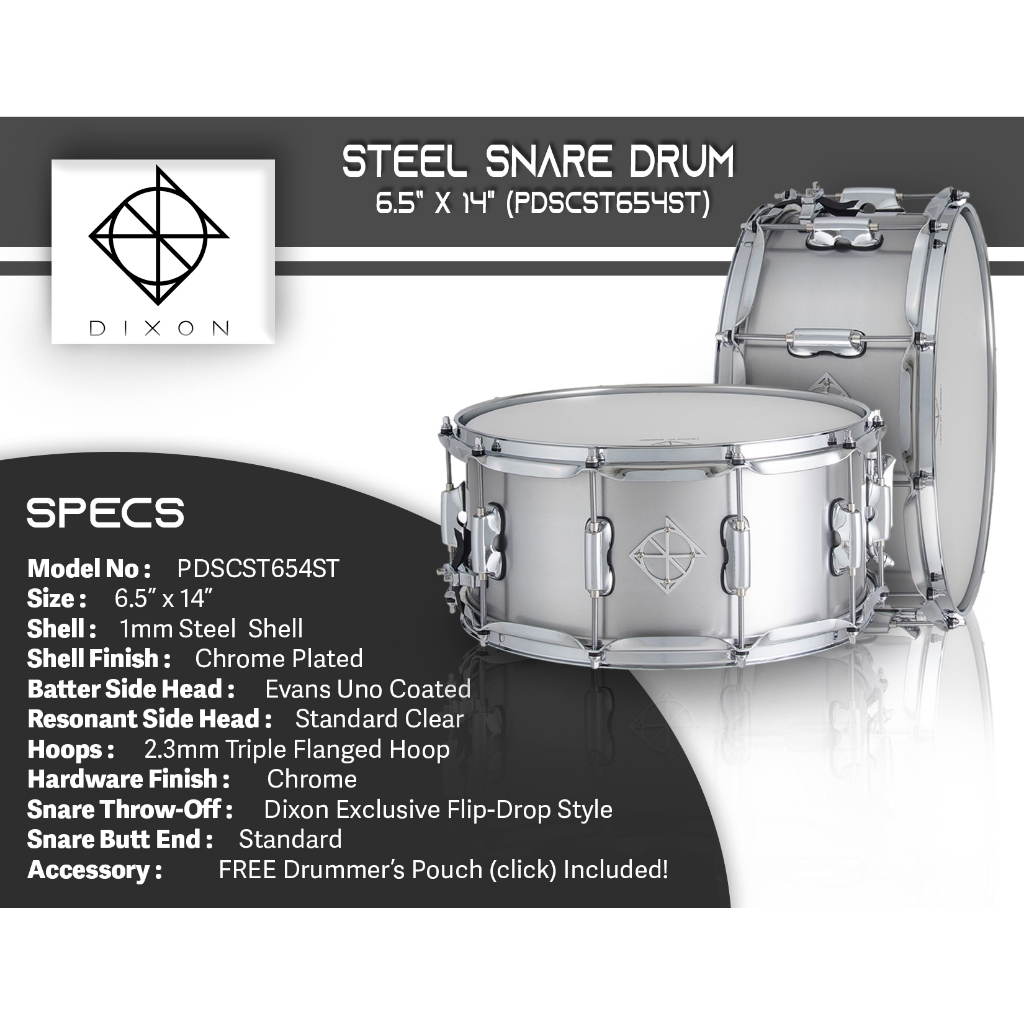 DIXON CORNERSTONE STEEL SNARE DRUM 6.5 X 14"W/ EVANS UNO BATTER HEAD Shopee Philippines