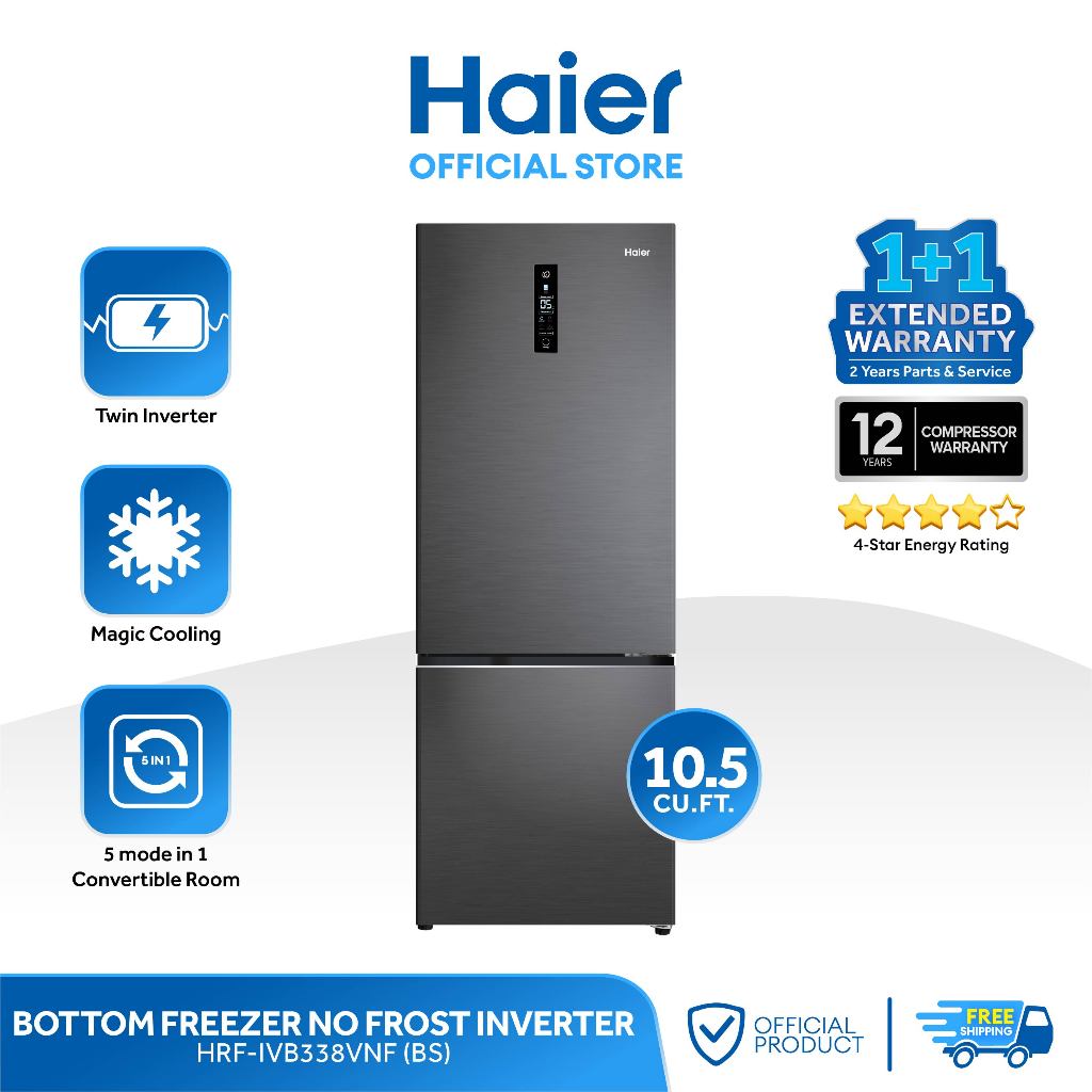 Haier HRFIVB338VNF (BS) 10.5 cu. ft. No Frost Twin Inverter Two Door Refrigerator (Black Silver