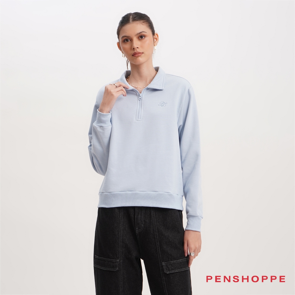 Penshoppe Relaxed Fit Half Zip Pullover With Branding For Women Off White Light Blue Shopee Philippines