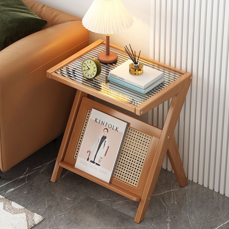 Side Table Coffee Table NightStand Glass Bedside Table Small Bamboo End
