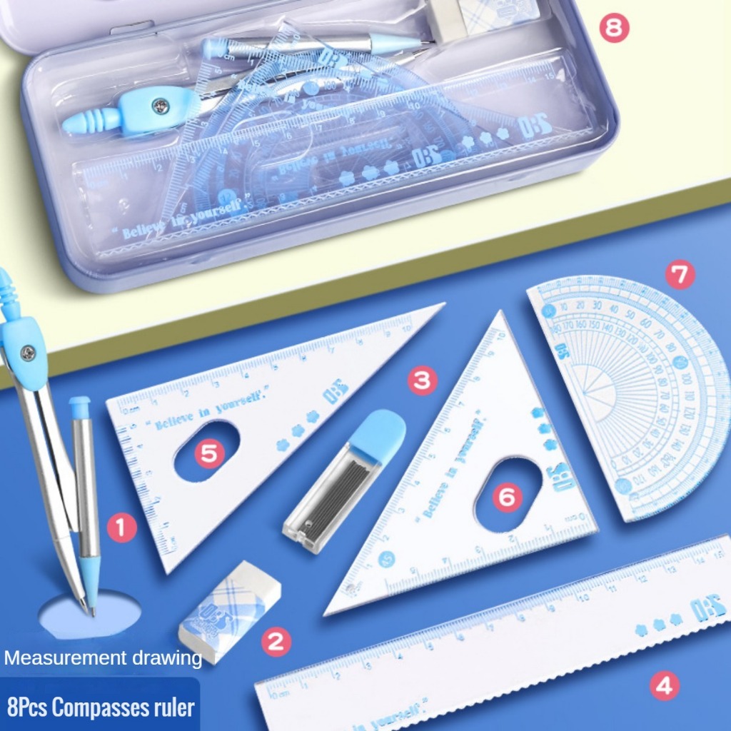 8Pcs Drawing Compass Ruler Set Triangle Measuring Ruler Compasses ...