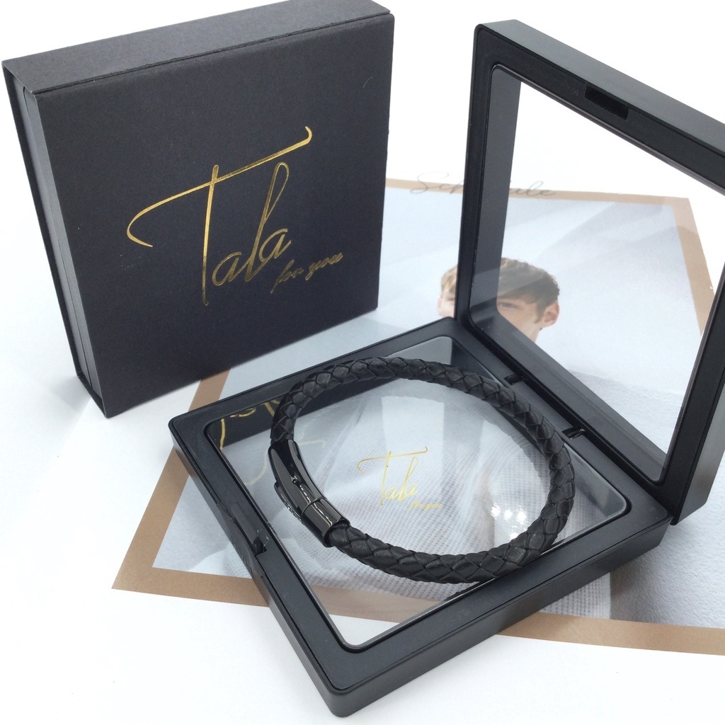 Tala for you wite box Men's black Leather Rope Bracelet 18K Gold 21cm ...