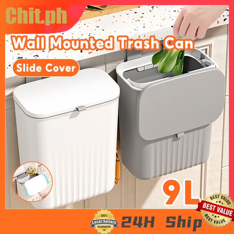 CHIT 9L Hanging Trash Can with Slide Cover Door Wall Mounted Garbage Bin for Kitchen