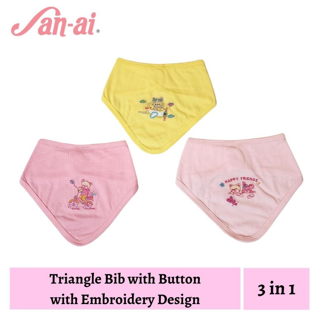 San-ai Infant Baby Girl Colored Embroidered Triangle Bibs with Button ...