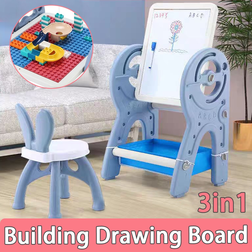 Best Choice Products 2-in-1 Kids Wooden Building Block Table - Reversible Tabletop With 2 Stools & Storage