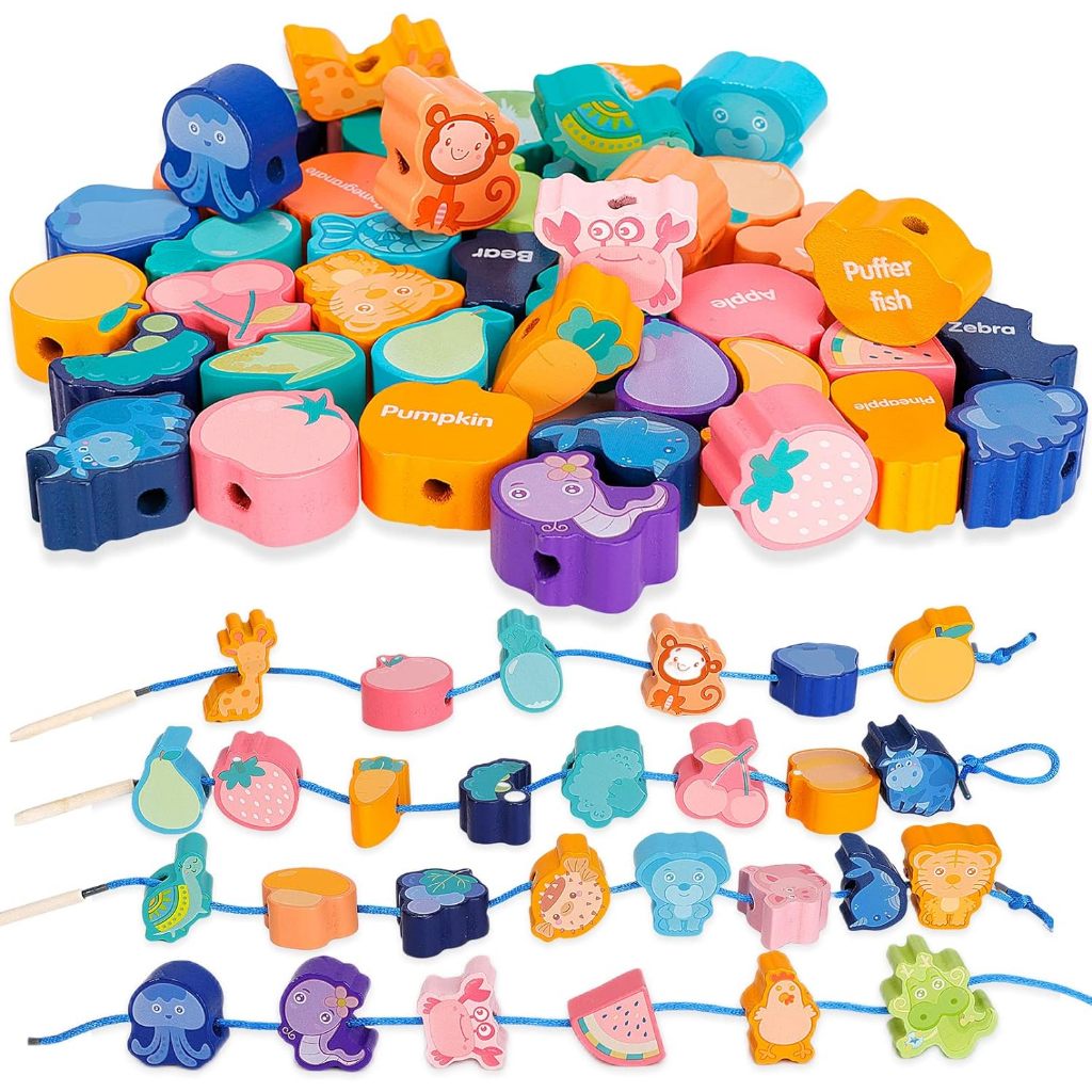 51PCS Wooden Beads Animals Threading Beads Set Preschool Learning Toys ...
