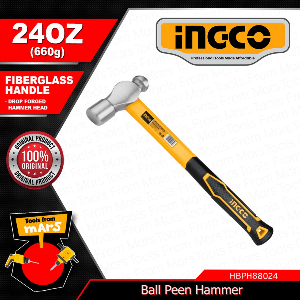 Ingco Ballpein Hammer Fiberglass Handle Ball Peen Hammer Metalwork 16oz ...