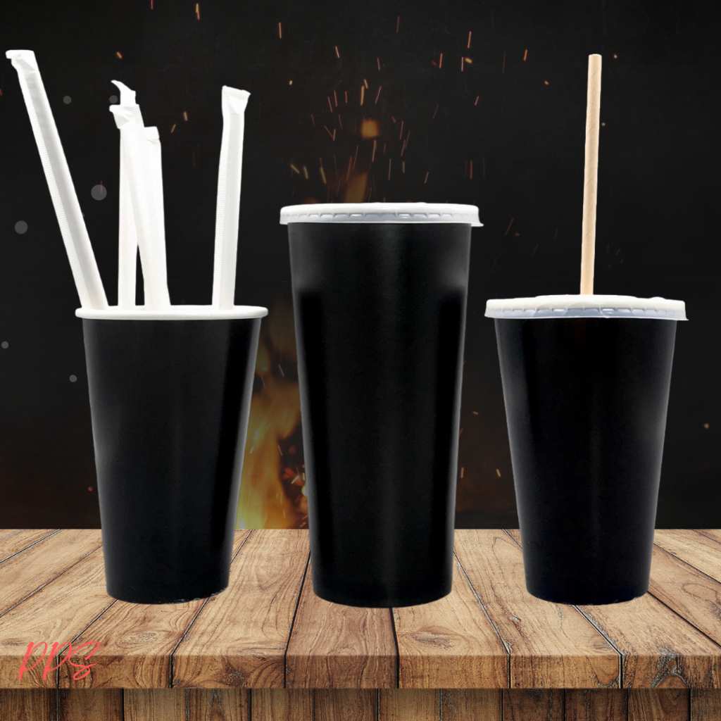 20pcs Disposable Paper Cup Hot/Cold Drink Cup Plain Black with PS Lid ...