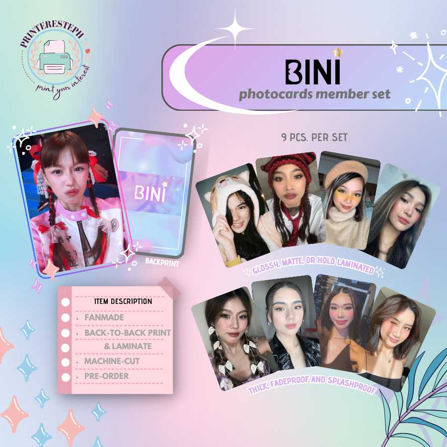 PART 1/4: BINI Photocards Member SET [ 9 Pcs ] Laminated + W/ Backprint ...