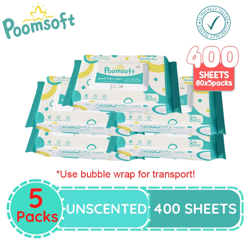 Poomsoft 5 Packs 80pcs Per Package Unscented Large Baby Wipes Wet