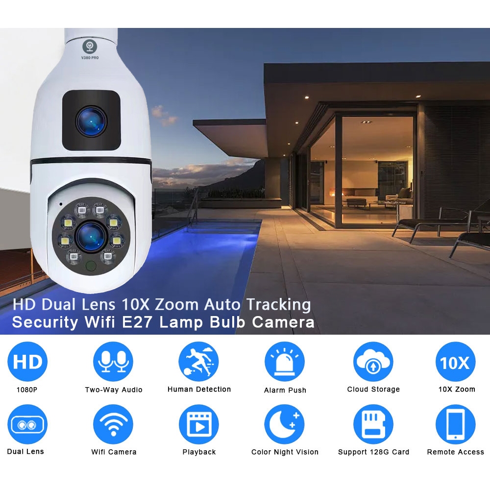 V380 PRO Q19 Plus Dual Lens HD 1080P Siren Alarm Smart CCTV Camera Bulb ...