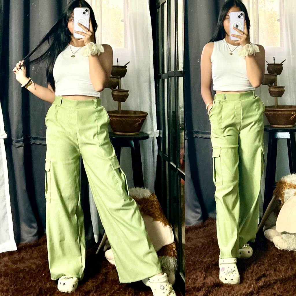 Aubrey Coordinates Trendy Cargo Pants w 4 side pocket and gartered back with white plain crop top Shopee Philippines