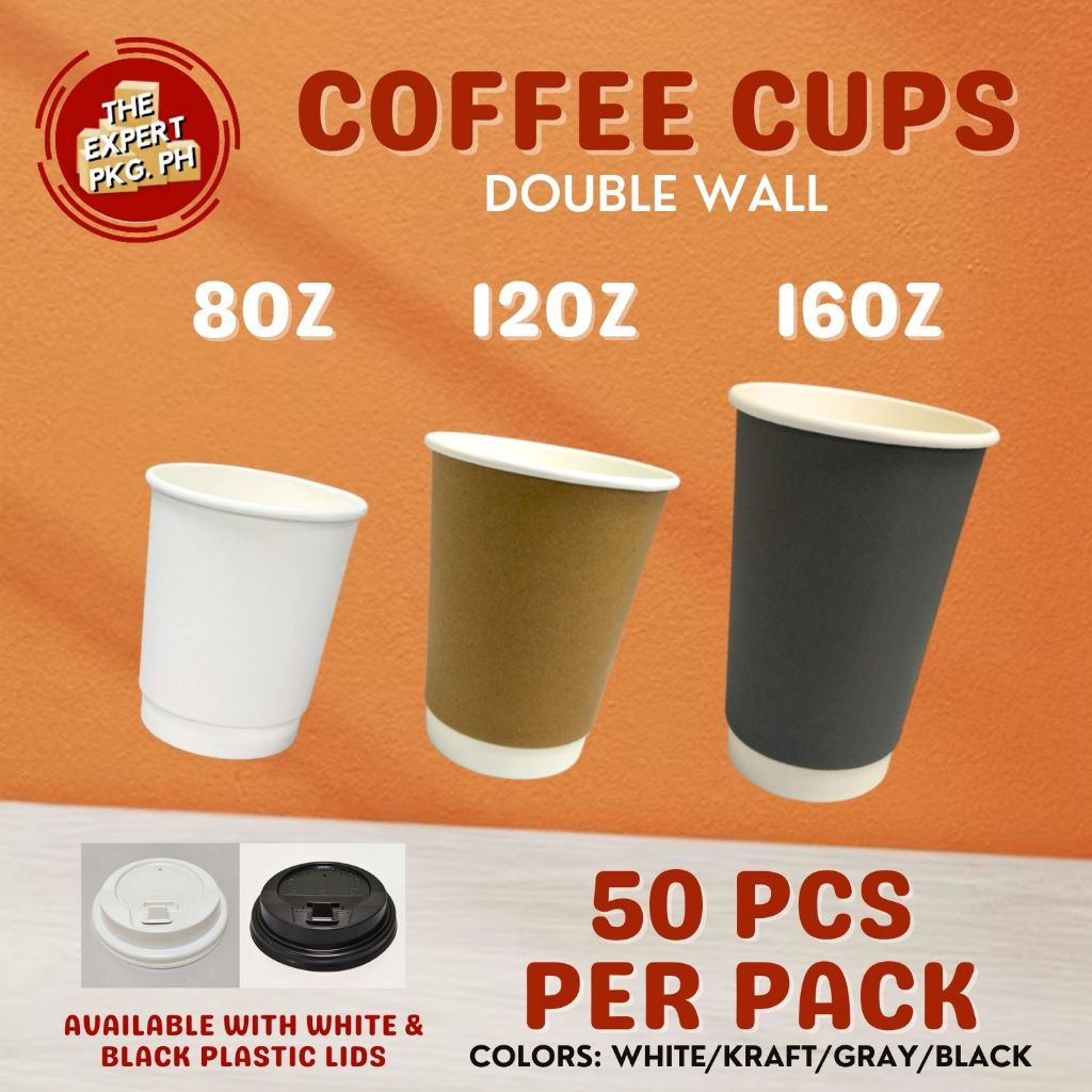 50pcs-Double Wall Coffee Cup 8oz 12oz 16oz - Black | Gray | Kraft ...