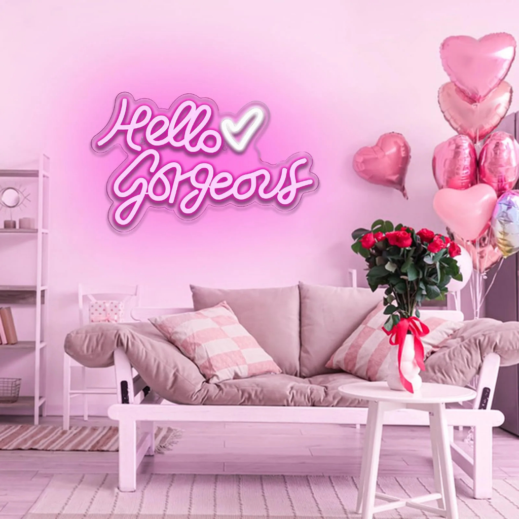 Medium & Lovely Hello Gorgeous Pink Heart cheapest LED Light Wall Decoration