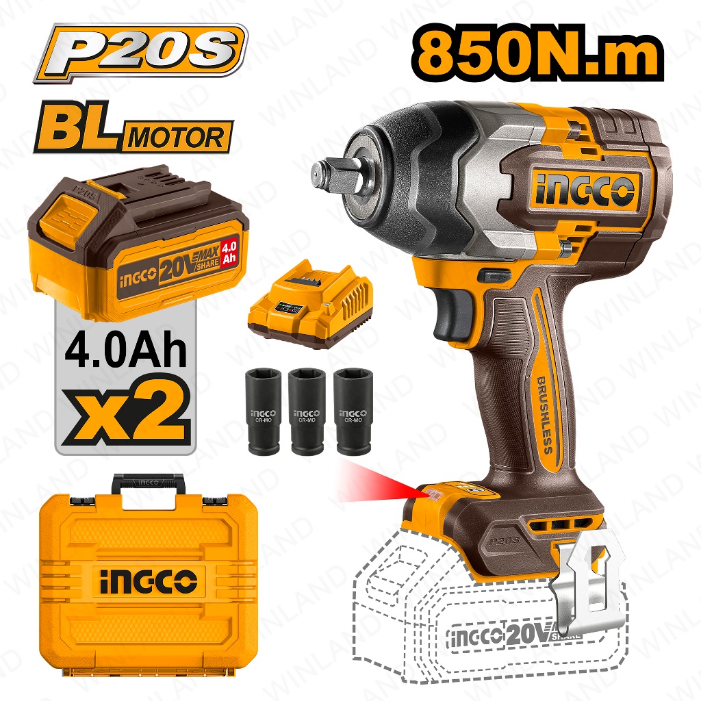 Ingco by Winland P20S 20V Brushless Cordless LithiumIon Impact Wrench