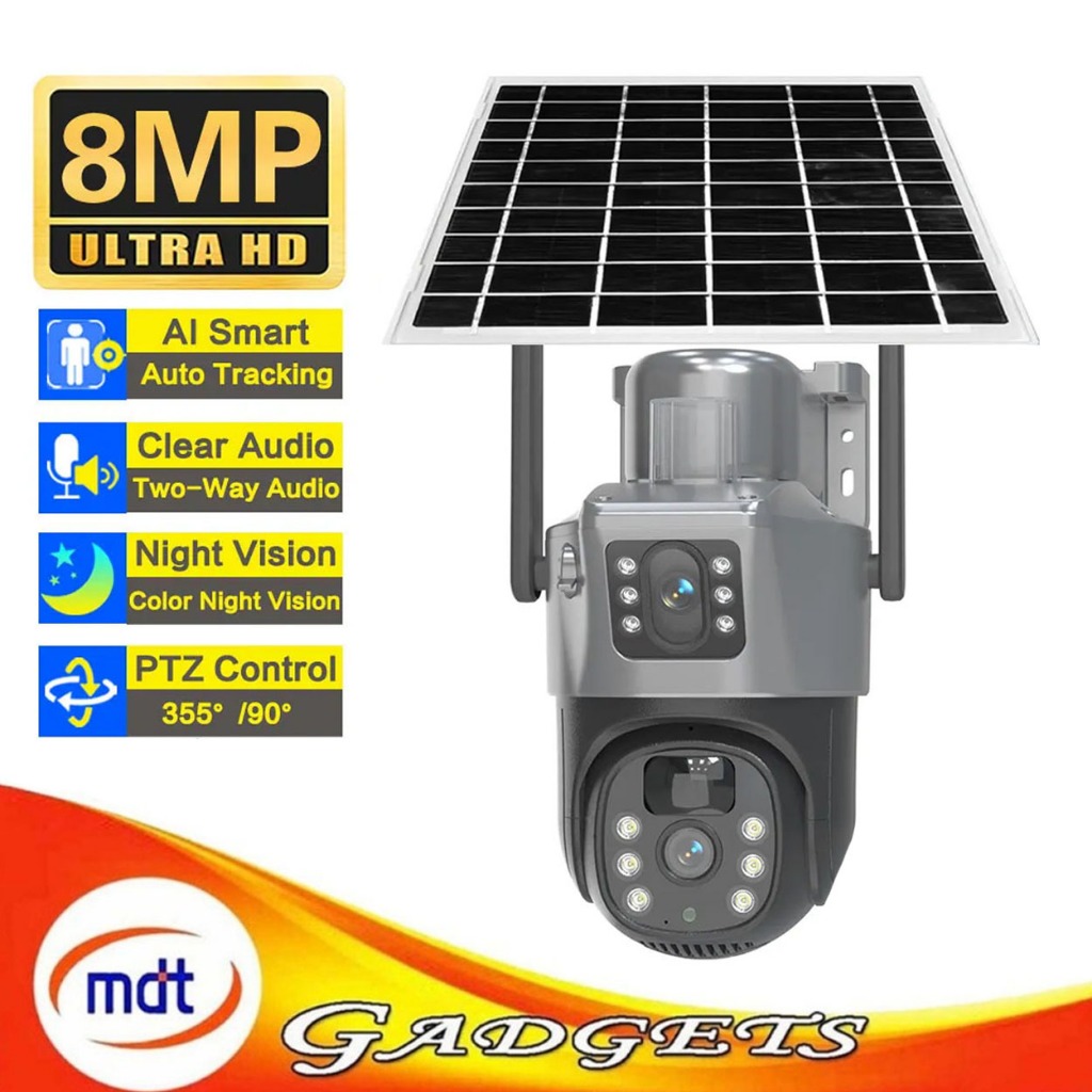 V380 Pro 8MP Dual Lens PTZ Wireless Solar Camera Dual Screens Audio PIR ...