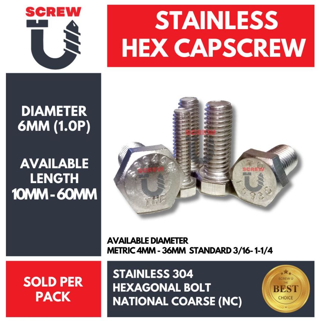 6MM (1.0P) Stainless 304 Capscrew Hexagonal Bolt | SS Cap Screw (10pcs ...
