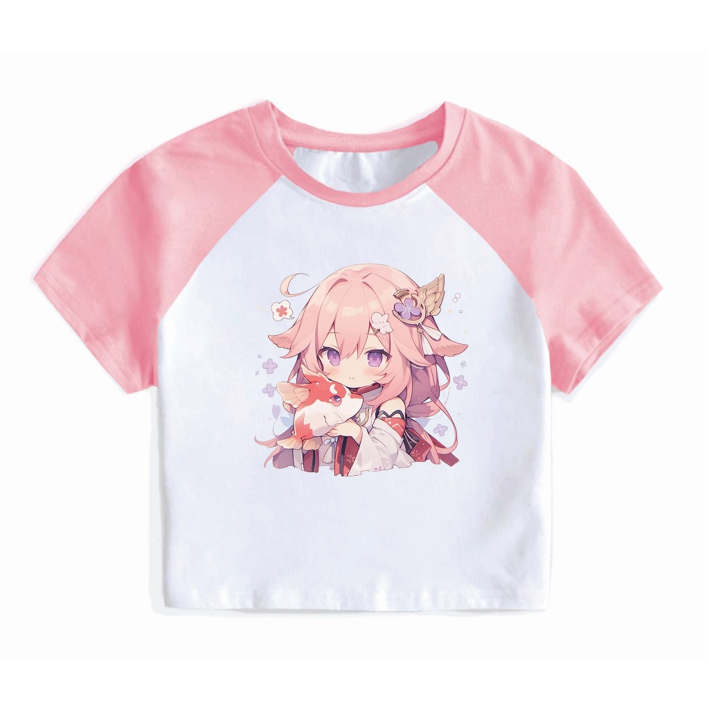 Genshin Impact Cute Chibi Character Design Crop Top Raglan Slim Fit ...
