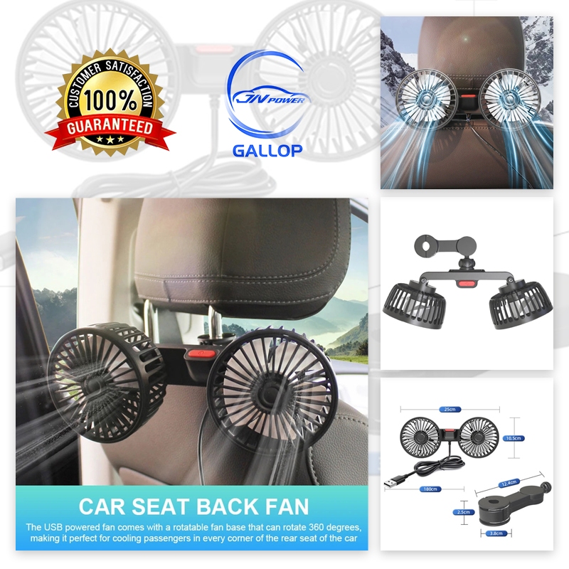 Car Rear Fan 360 Degrees Adjusted Double-headed USB Fans 3 Speeds Wind ...