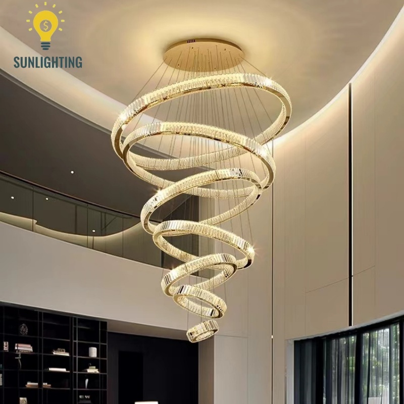 Remote Luxury Modern Ring Crystal Chandelier Lighting Stair LED Large  Crystal Pendant Lamp