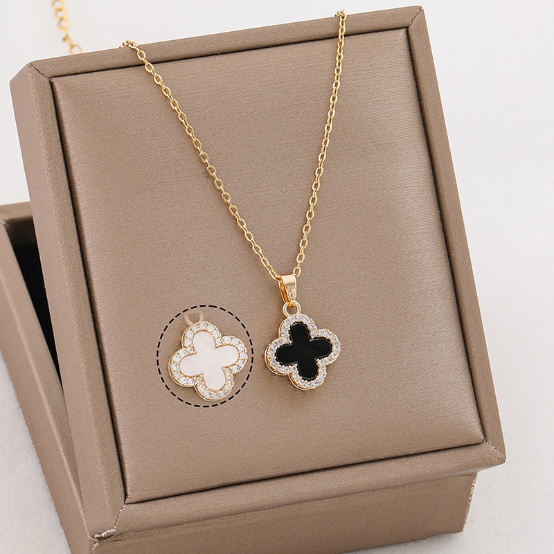 MSLuna.Ladies 24K Gold Diamond Lucky Clover Necklace Korean 2IN1 ...