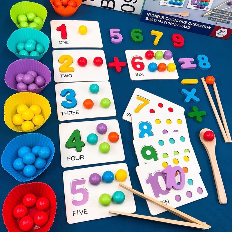 Geetoy Wooden Clip Beads Math Toy Rainbow Color Sorting Matching Early ...