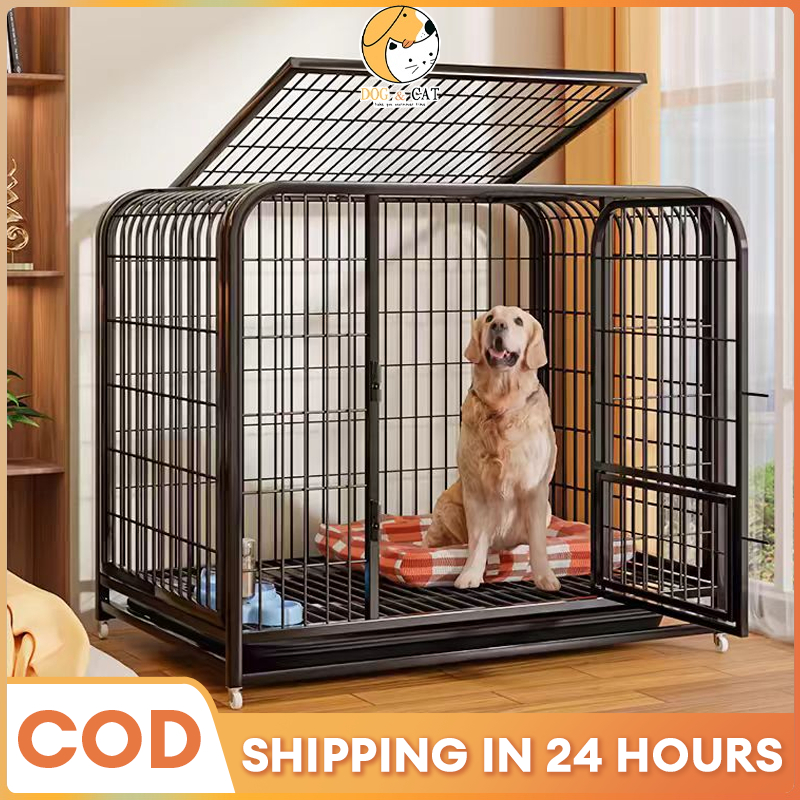 Dog Cage Square Tube Stainless Steel Dog Crate Pet Cage Large Skylight  Double Door with Wheels