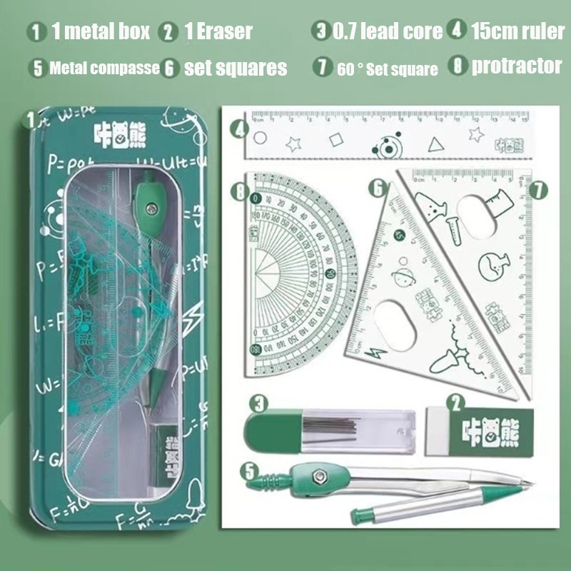 8Pcs Ruler Set Geometry Compasses/Metal Box/Triangle Ruler/Protractor ...