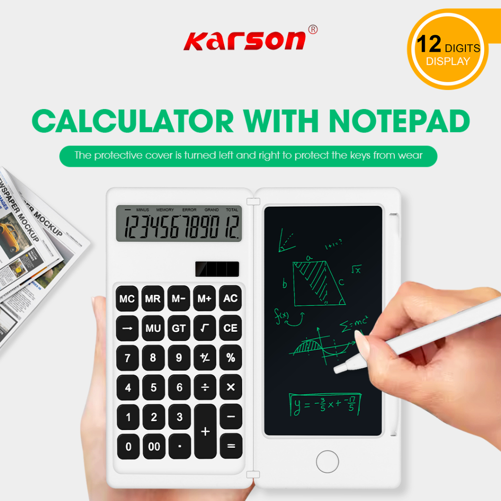 Calculator With Notepad - Foldable 10-Digit LCD Scientific Calculator & 6" Reusable Writing Pad, Portable & Silent (White)