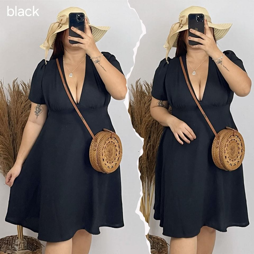 Plus Size Chubby Women Dress Plunging Neck Skater Skirt XL 2XL 3XL Linen in Plain VALERIE