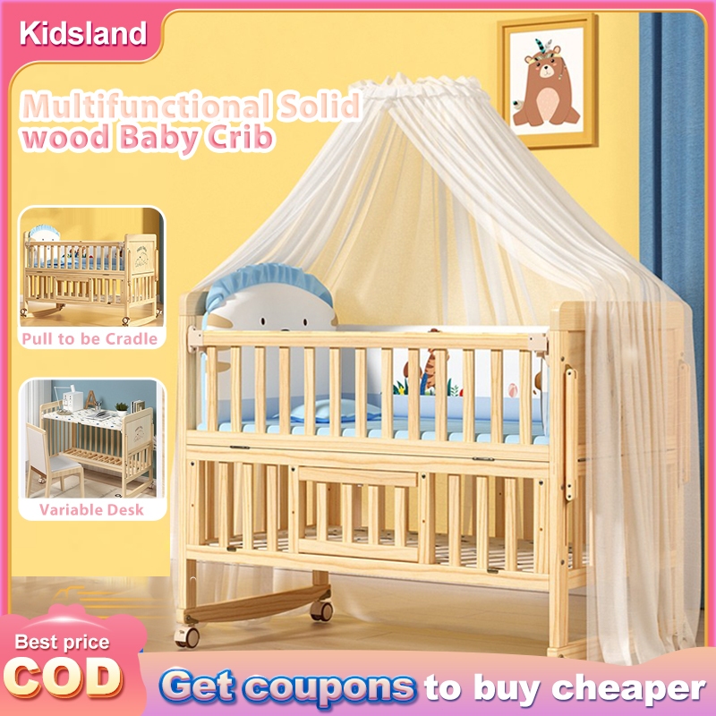 [IN STOCK]7 in Crib Splicing Queen Bed Multifunctional Solid Wood Newborn  Children's Bed Movable