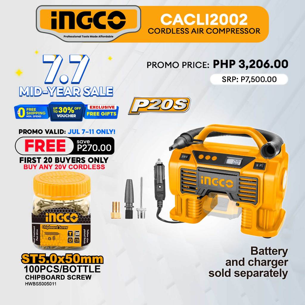 Ingco 20V Lithium-Ion Cordless Auto Air Compressor Tire Inflator P20S ...