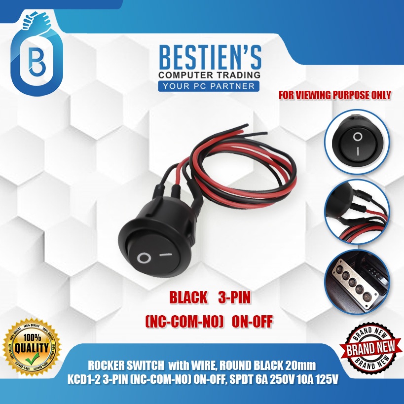 ROCKER SWITCH with WIRE, ROUND BLACK 20mm KCD1-2 3-PIN (NC-COM-NO) ON ...