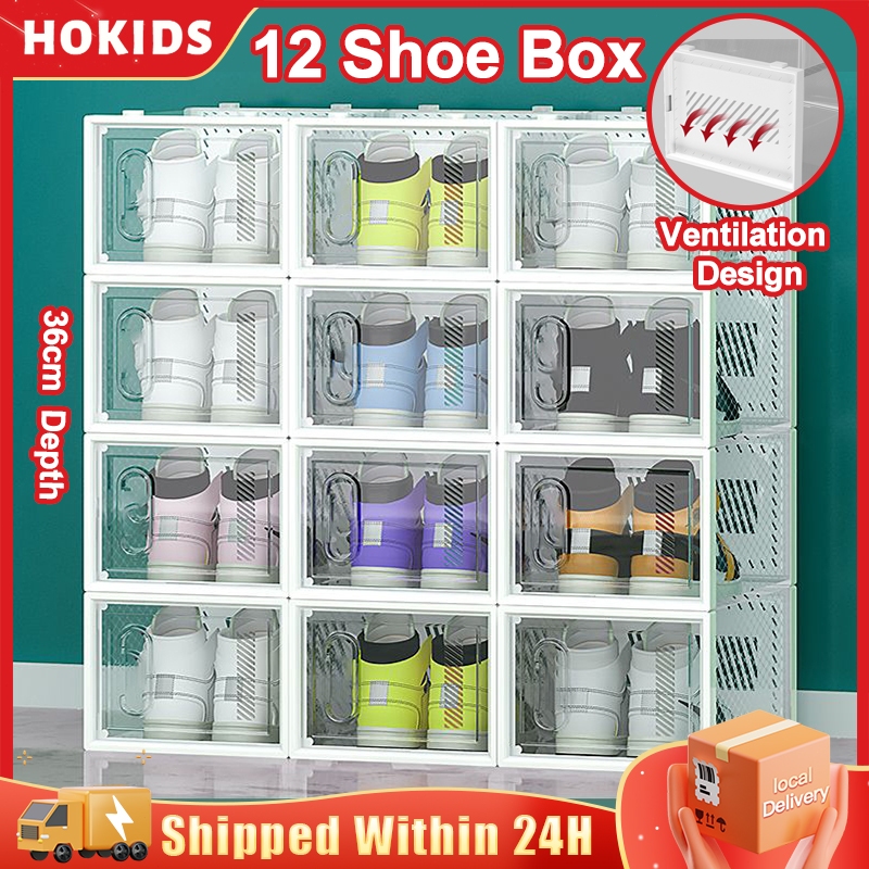 Shoe Box with Magnetic Door 12 Pack Clear Plastic Stackable Sneaker ...