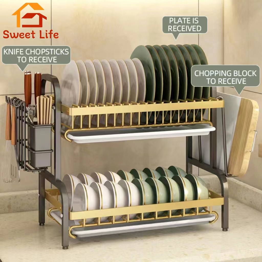 Dish Drainer Plate Drying Rack 2/3 Tiers Stainless Steel Drainer ...