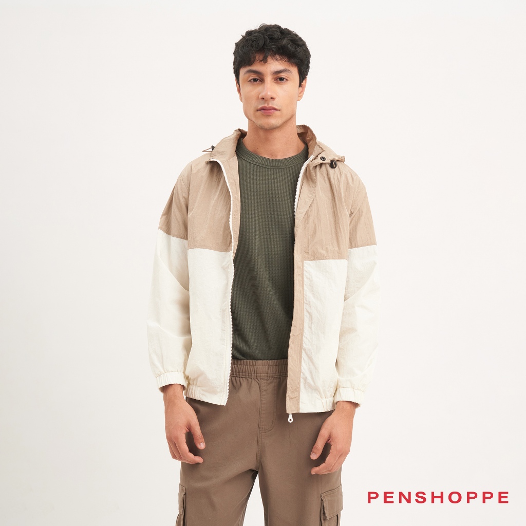 Penshoppe Hoodie Windbreaker With Zipper For Men (Evening Sand