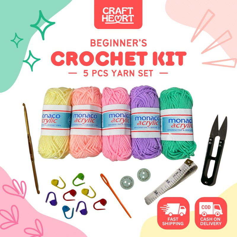 Crochet kit basic set for beginners with 5pcs Monaco acrylic yarn set ...