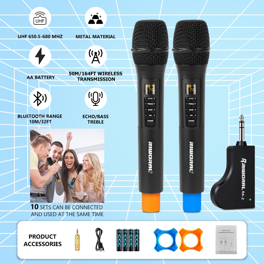 Wireless Metal Microphone Dual UHF Handheld Dynamic Mic Bluetooth Music ...