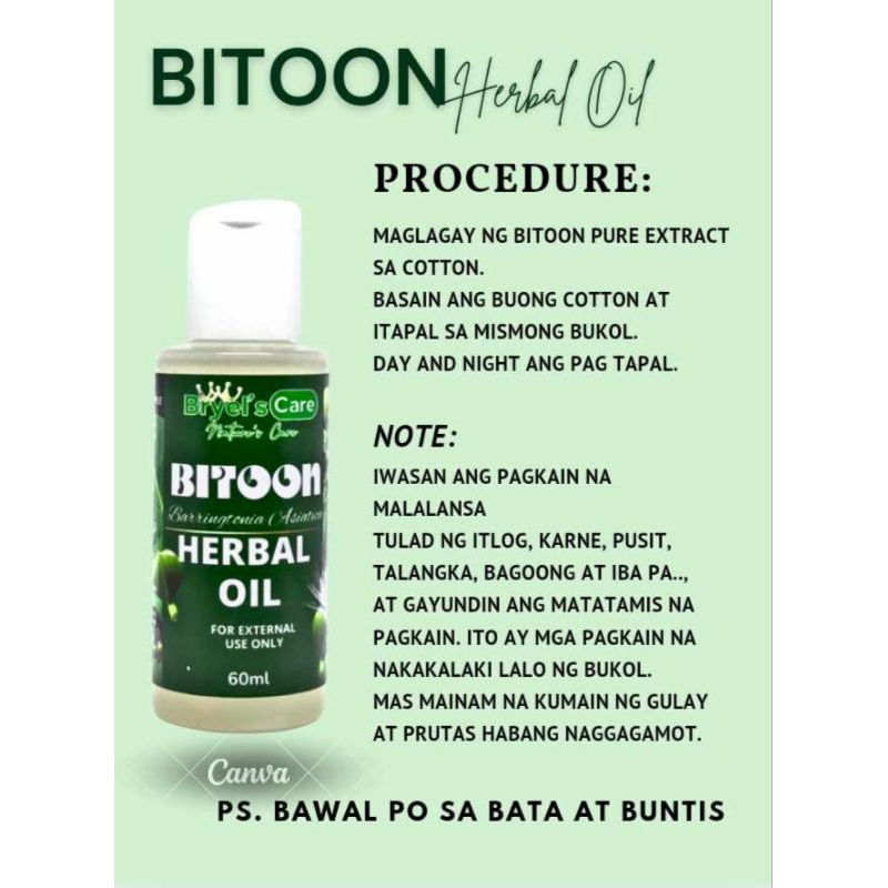 BITOON HERBAL OIL 60ML NAKAKATULONG PANGTUNAW NG BUKOL PURE ORGANIC ...