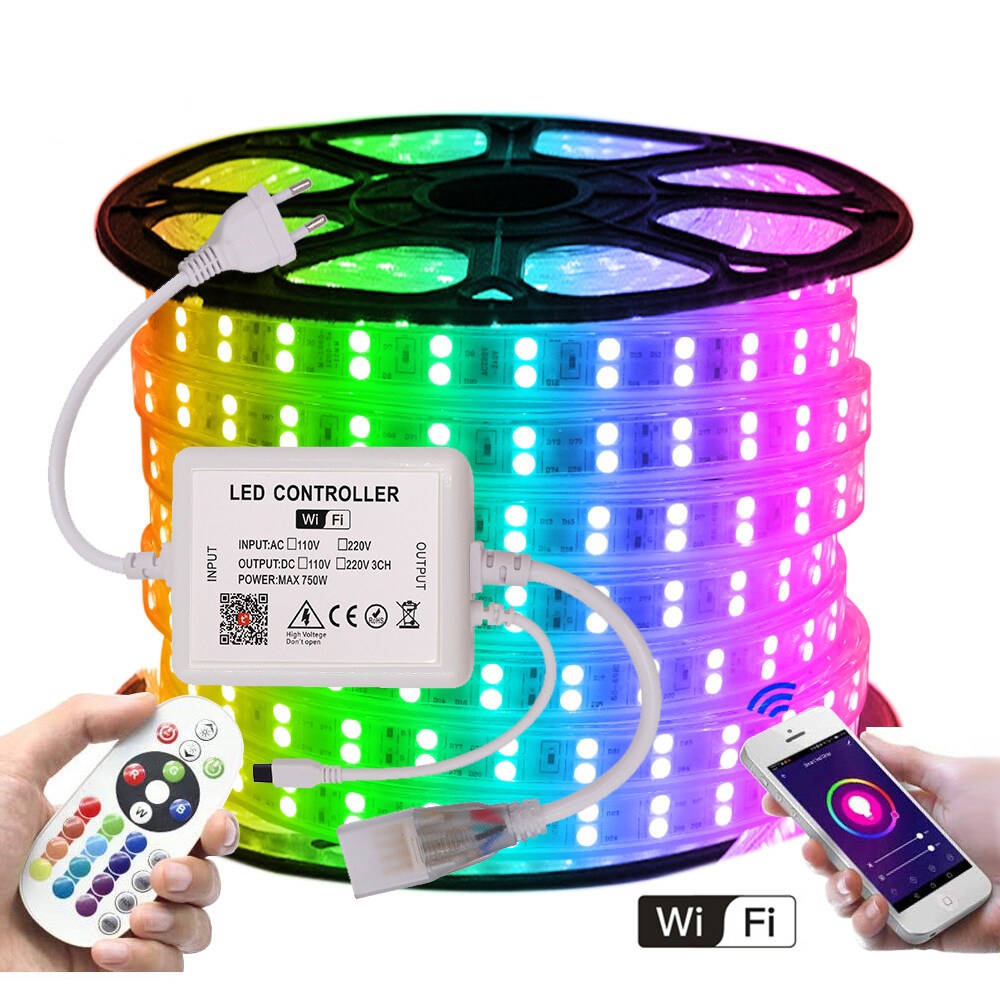 RGB LED Strip Light Waterproof 5m/10m/20M 220V RGB 5050 Remote control ...