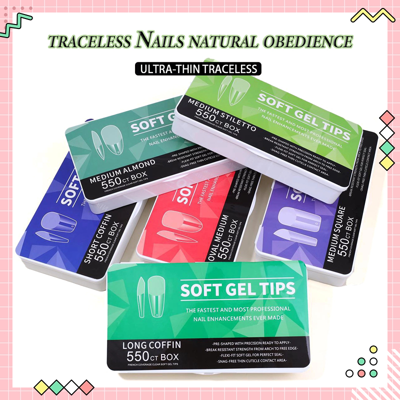 She. 550 Pcs/Set Nail Tips Kit Nail Extensions Clear Gel Tips Soft Gel ...