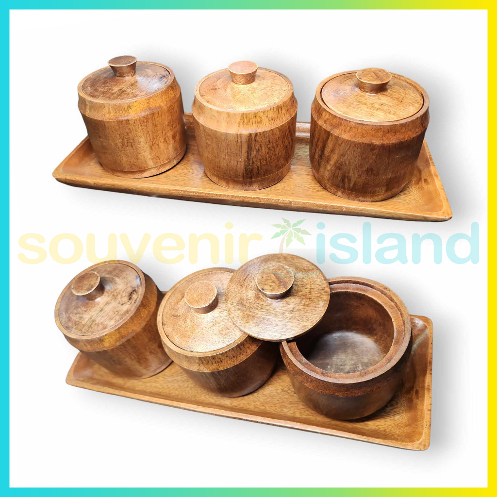 Wooden Coffee Creamer Sugar Set Storage Jar Philippine Souvenir