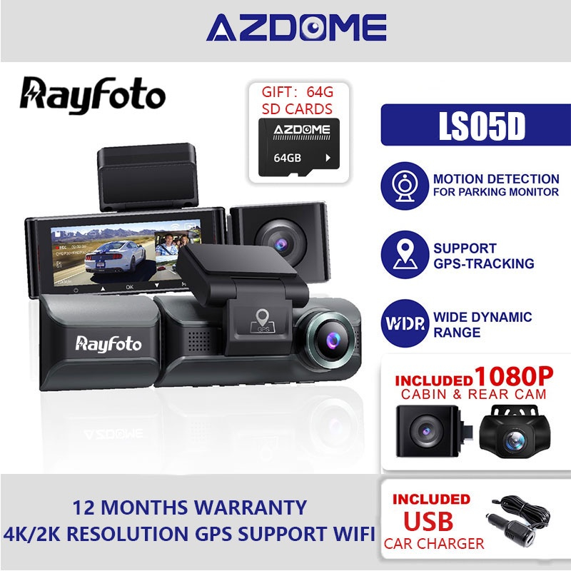 AZDOME Rayfoto/M550 4K Ultra HD 3 Channel Dash Cam Night App Control Car  Camera with GPS DashCam