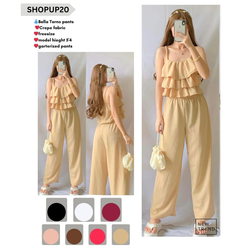 BELLA terno pants crepe fabric garterized pants riffled tops elegant D1 ...