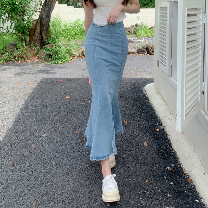 Denim Mermaid Skirt Womens High Waist Slim A Line Elastic Mid Length Hip Skirt Shopee Philippines 9095