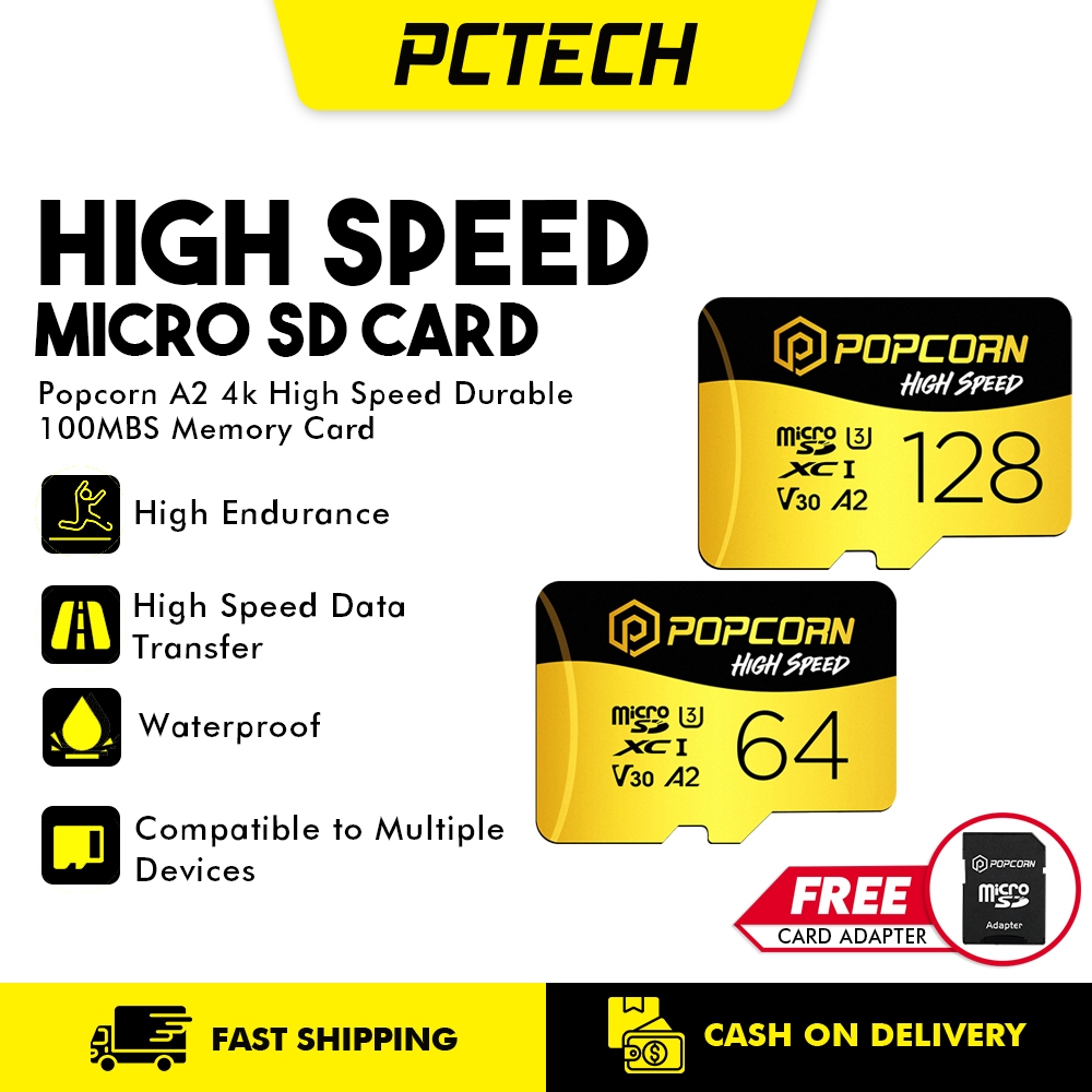 Popcorn High Speed Micro SD Card 128GB 64GB V30 A2 4k Durable